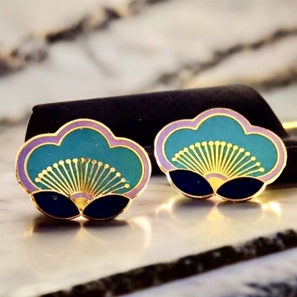 Laurel Burch Clip-On Enamel Earrings Plum Blossom Signed Vintage - Picture 7 of 12